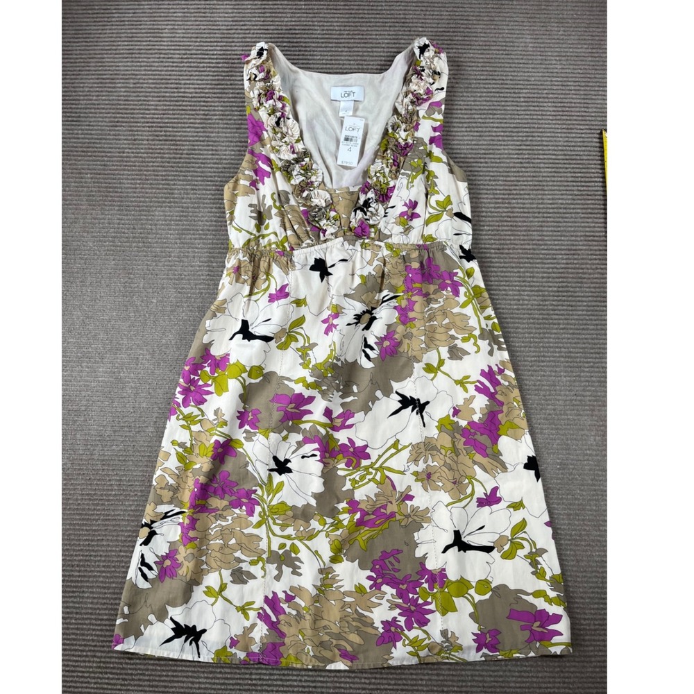 Ann Taylor Loft Silk Blend Floral Ruffle V-Neck Empire Waist Dress Size 4